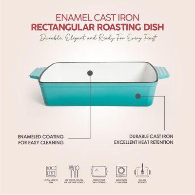 Healthy & Safe Enamel Cast Iron Rectangular Roasting Dish, (12-Inch, Teal) Oven & Induction Compatible, Easy-Clean Non-Stick Interior Healthy & Safe Enamel Cast Iron Rectangular Roasting Dish, (12-Inch, Teal) Oven & Induction Compatible, Easy-Clean Non-Stick Interior