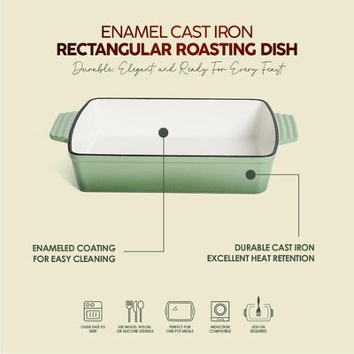 Healthy & Safe Enamel Cast Iron Rectangular Roasting Dish, (12-Inch, Green) Oven & Induction Compatible, Easy-Clean Non-Stick Interior Healthy & Safe Enamel Cast Iron Rectangular Roasting Dish, (12-Inch, Green) Oven & Induction Compatible, Easy-Clean Non-Stick Interior