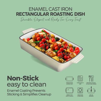 Healthy & Safe Enamel Cast Iron Rectangular Roasting Dish, (12-Inch, Cream) Oven & Induction Compatible, Easy-Clean Non-Stick Interior Healthy & Safe Enamel Cast Iron Rectangular Roasting Dish, (12-Inch, Cream) Oven & Induction Compatible, Easy-Clean Non-Stick Interior