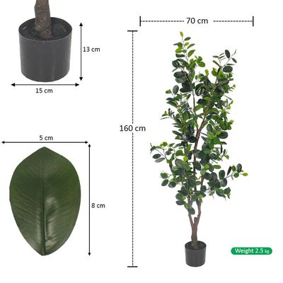 Artificial Ficus Plant, 160cm Tall Realistic PVC Plastic Green Leaves Faux Plants with Pot & Flexible Stem, Everlasting, Maintenance-Free & Waterproof Fake Plants for Home Office Event Decor