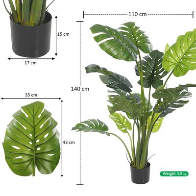 Artificial Monstera Deliciosa Plant, 140cm Realistic PVC Plastic Green Leaves Faux Plants with Pot & Flexible Stems, Everlasting, Maintenance-Free & Waterproof Fake Plants for Home Office Event