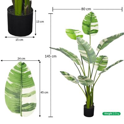 Artificial Banana Faux Plants, 145cm Ultra-Realistic Tropical Foliage Green Leaves Fake Plants with Flexible Stems, Fade-Proof, Pet-Friendly & Maintenance-Free Faux Trees Indoor Outdoor Decor