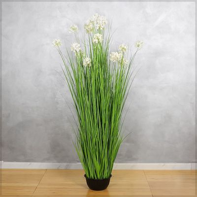 Yatai Decor Artificial Grass White Flower Plant | Faux White Flower with Grass in Pot |Indoor Floor Plant for Home, Office, Event & Outdoor Decor | Realistic Look