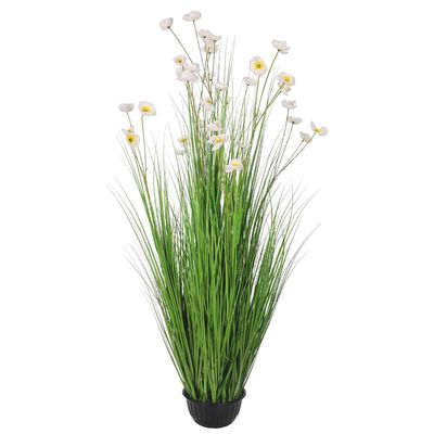 Artificial Buttercup Flower Plant, 150cm Tall Lifelike Silk Flowers & Green Grass Potted Faux Plants, Maintenance-Free Waterproof Eco-Friendly Odor-Free Fake Plants for Home Decor (White)