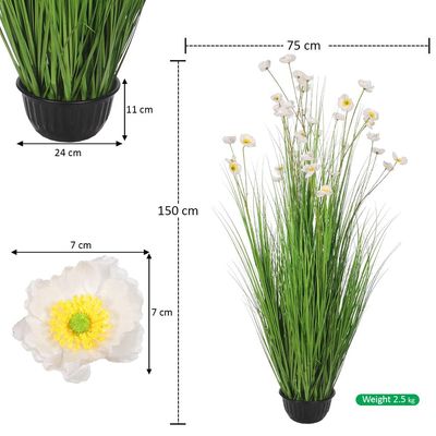 Artificial Buttercup Flower Plant, 150cm Tall Lifelike Silk Flowers & Green Grass Potted Faux Plants, Maintenance-Free Waterproof Eco-Friendly Odor-Free Fake Plants for Home Decor (White)