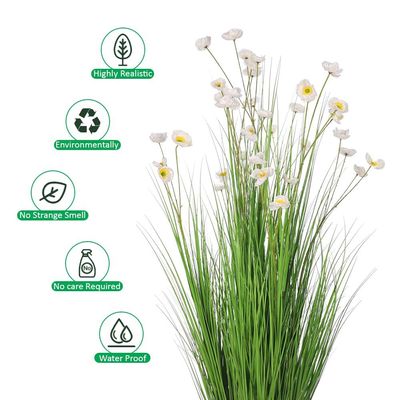 Artificial Buttercup Flower Plant, 150cm Tall Lifelike Silk Flowers & Green Grass Potted Faux Plants, Maintenance-Free Waterproof Eco-Friendly Odor-Free Fake Plants for Home Decor (White)