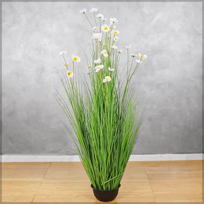 Artificial Buttercup Flower Plant, 150cm Tall Lifelike Silk Flowers & Green Grass Potted Faux Plants, Maintenance-Free Waterproof Eco-Friendly Odor-Free Fake Plants for Home Decor (White)