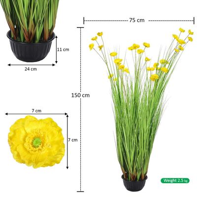 Artificial Buttercup Flower Plant, 150cm Tall Lifelike Silk Flowers & Green Grass Potted Faux Plants, Maintenance-Free Waterproof Eco-Friendly Odor-Free Fake Plants for Home Decor (Yellow)
