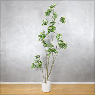 Artificial Moringa Tree, Faux Plant with Realistic Silk Green Leaves, Simulated Trunk & Pot, Waterproof, Odorless Fake Plant, Maintenance-Free & Long-Lasting Fake Tree for Event Decor (White)