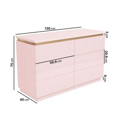 Pink Wide Dressing Table – 6 Drawer Dresser with Gold Trim L45xW120xH75