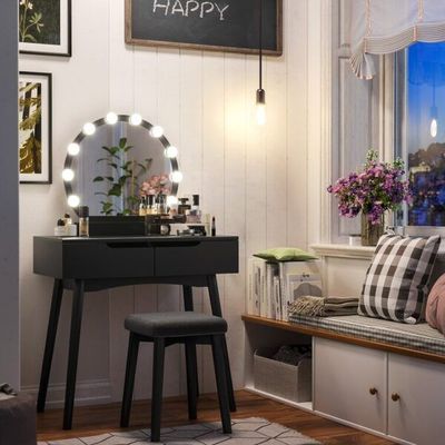 Wide Vanity with Mirror & LED Lighting – Modern Bedroom Vanity Set L45xW120xH145