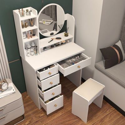 Dressing Table Set with Stool & Round Mirror – Spacious Vanity with Storage L45xW120xH145