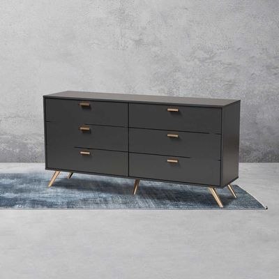 Dark Grey & Gold Finished 6-Drawer Dresser – Modern Luxury Storage L40xW150xH75