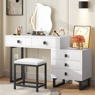 Makeup Vanity Table with Irregular LED Mirror – Modern Elegance with Storage L80xW40xH90