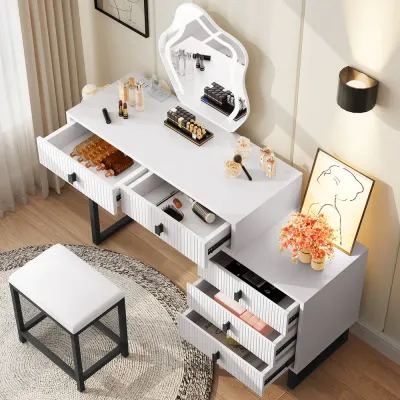 Makeup Vanity Table with Irregular LED Mirror – Modern Elegance with Storage L80xW40xH90