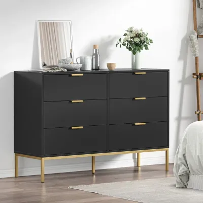 Modern Black 6-Drawer Double Dresser – Contemporary Bedroom Storage L40xW130xH80