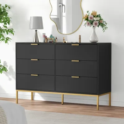 Modern Black 6-Drawer Double Dresser – Contemporary Bedroom Storage L40xW130xH80