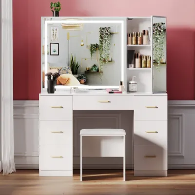 Modern Vanity Set with Lighted Mirror & Stool – Luxury Makeup Station L40xW140xH160