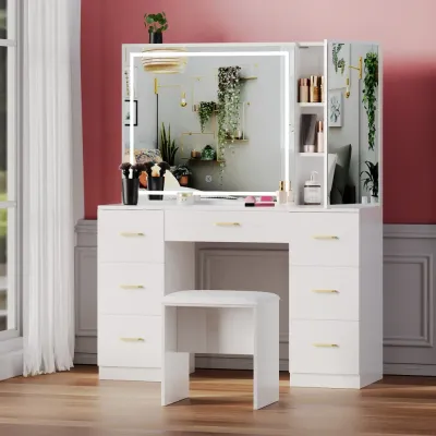 Modern Vanity Set with Lighted Mirror & Stool – Luxury Makeup Station L40xW140xH160