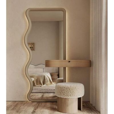 Modern Wavy Mirror Dressing Table Set – LED Vanity with Drawer & Stool L35xW80xH25