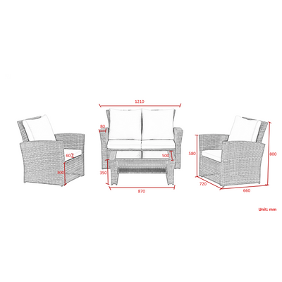 Cenxz Luxury Black Rattan Outdoor Sofa Set with Cushions & Glass Coffee Table 4 Piece Garden Patio Furniture