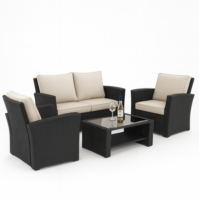 Cenxz Luxury Black Rattan Outdoor Sofa Set with Cushions & Glass Coffee Table 4 Piece Garden Patio Furniture