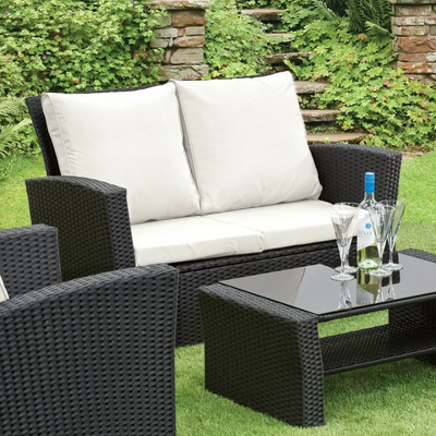 Cenxz Luxury Black Rattan Outdoor Sofa Set with Cushions & Glass Coffee Table 4 Piece Garden Patio Furniture