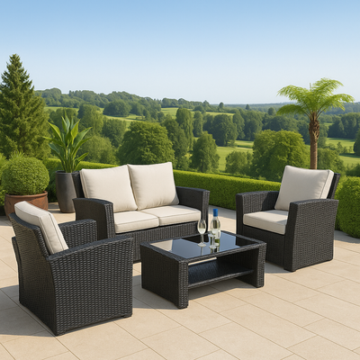 Cenxz Luxury Black Rattan Outdoor Sofa Set with Cushions & Glass Coffee Table 4 Piece Garden Patio Furniture