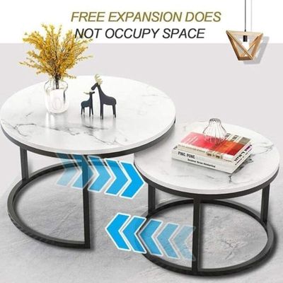 Tissaya Round Nesting Coffee Table Set of 2 End Tables for Living Room, Metal Frame, Center Table for Home Office (Marbel Top White)