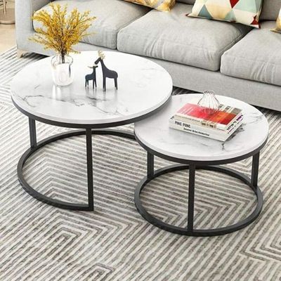Tissaya Round Nesting Coffee Table Set of 2 End Tables for Living Room, Metal Frame, Center Table for Home Office (Marbel Top White)