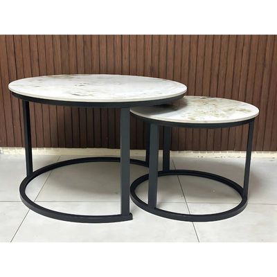 Tissaya Round Nesting Coffee Table Set of 2 End Tables for Living Room, Metal Frame, Center Table for Home Office (Marbel Top White)