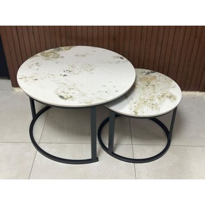 Tissaya Round Nesting Coffee Table Set of 2 End Tables for Living Room, Metal Frame, Center Table for Home Office (Marbel Top White)