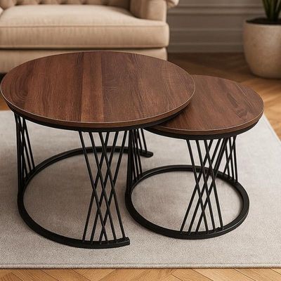 Tissaya Round Nesting Coffee Table Set of 2 End Tables for Living Room, Metal Frame, Center Table for Home Office (Wooden Top Dark-Oak)