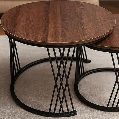 Tissaya Round Nesting Coffee Table Set of 2 End Tables for Living Room, Metal Frame, Center Table for Home Office (Wooden Top Dark-Oak)