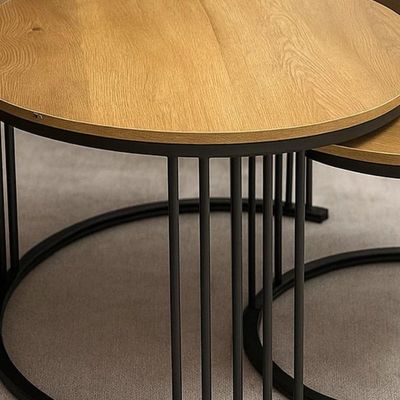 Tissaya Round Nesting Coffee Table Set of 2 End Tables for Living Room, Metal Frame, Center Table for Home Office (Wooden Top Light-Oak)