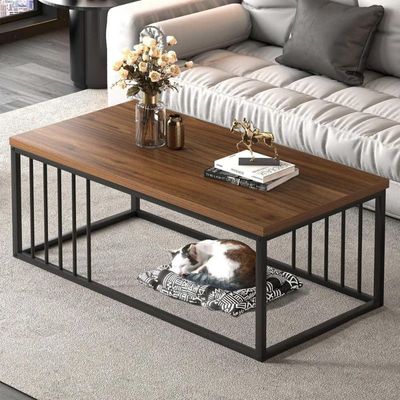 Renfri Coffee Table for Living Room, Metal Frame, Center Table for Home Office (Wooden Top Dark-Oak)