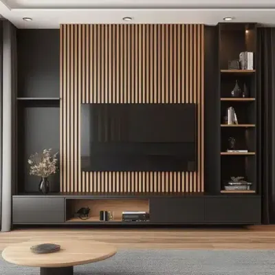 Luxury TV Wall Unit with Vertical Slat Paneling – Modern Black & Wood TV Stand & TV Media Unit