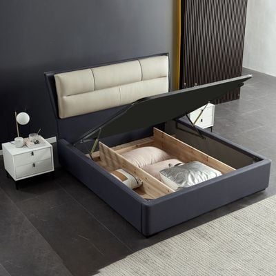 Sausalito Hydraulic Storage Leather Bed – King Size 180 x 200 cm, Grey Suede Upholstered Bed Frame with Partitioned Gas Lift Storage