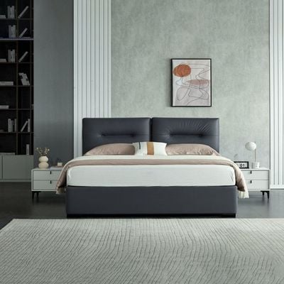 Livingston Hydraulic Storage Leather Bed – King Size 180 x 200 cm, Grey Upholstered Bed Frame with Partitioned Gas Lift Storage