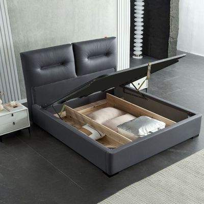 Livingston Hydraulic Storage Leather Bed – King Size 180 x 200 cm, Grey Upholstered Bed Frame with Partitioned Gas Lift Storage