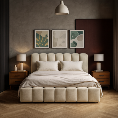 Merlin Upholstered King Bed – 180 x 200 cm, Light Beige Fabric Bed Frame