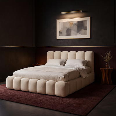 Merlin Upholstered King Bed – 180 x 200 cm, Light Beige Fabric Bed Frame