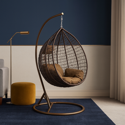 Patio Wicker Hanging Chair | Hammock Basket Swing Chair with Tufted Seat Pad, Pillow & Backrest | Comfortable Outdoor Balcony Egg Chair for Garden, Patio, Terrace (Brown)