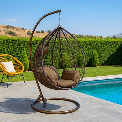 Patio Wicker Hanging Chair | Hammock Basket Swing Chair with Tufted Seat Pad, Pillow & Backrest | Comfortable Outdoor Balcony Egg Chair for Garden, Patio, Terrace (Brown)