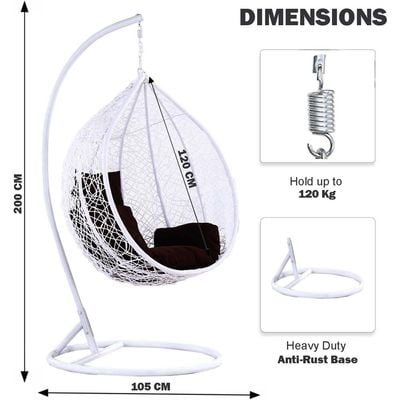 Patio Wicker Hanging Chair | Hammock Basket Swing Chair with Tufted Seat Pad, Pillow & Backrest | Comfortable Outdoor Balcony Egg Chair for Garden, Patio, Terrace (White)