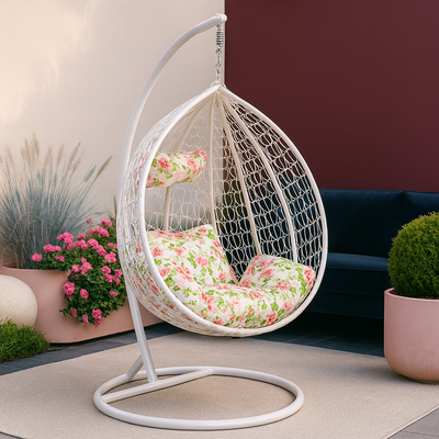 Patio Wicker Hanging Chair | Hammock Basket Swing Chair with Tufted Seat Pad, Pillow & Backrest | Comfortable Outdoor Balcony Egg Chair for Garden, Patio, Terrace (White) Patio Wicker Hanging Chair | Hammock Basket Swing Chair with Tufted Seat Pad, Pillow & Backrest | Comfortable Outdoor Balcony Egg Chair for Garden, Patio, Terrace (White)