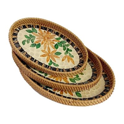Natural Sea Shell Handwoven Rattan Oval Serving Tray-3 Pc Set-Yg