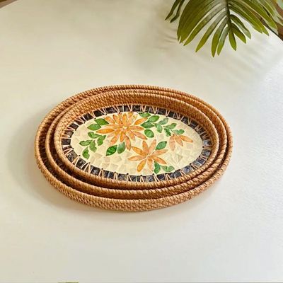 Natural Sea Shell Handwoven Rattan Oval Serving Tray-3 Pc Set-Yg