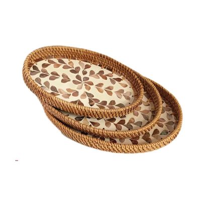 Natural Sea Shell Handwoven Rattan Oval Serving Tray-3 Pc Set-Brown
