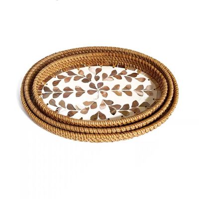 Natural Sea Shell Handwoven Rattan Oval Serving Tray-3 Pc Set-Brown